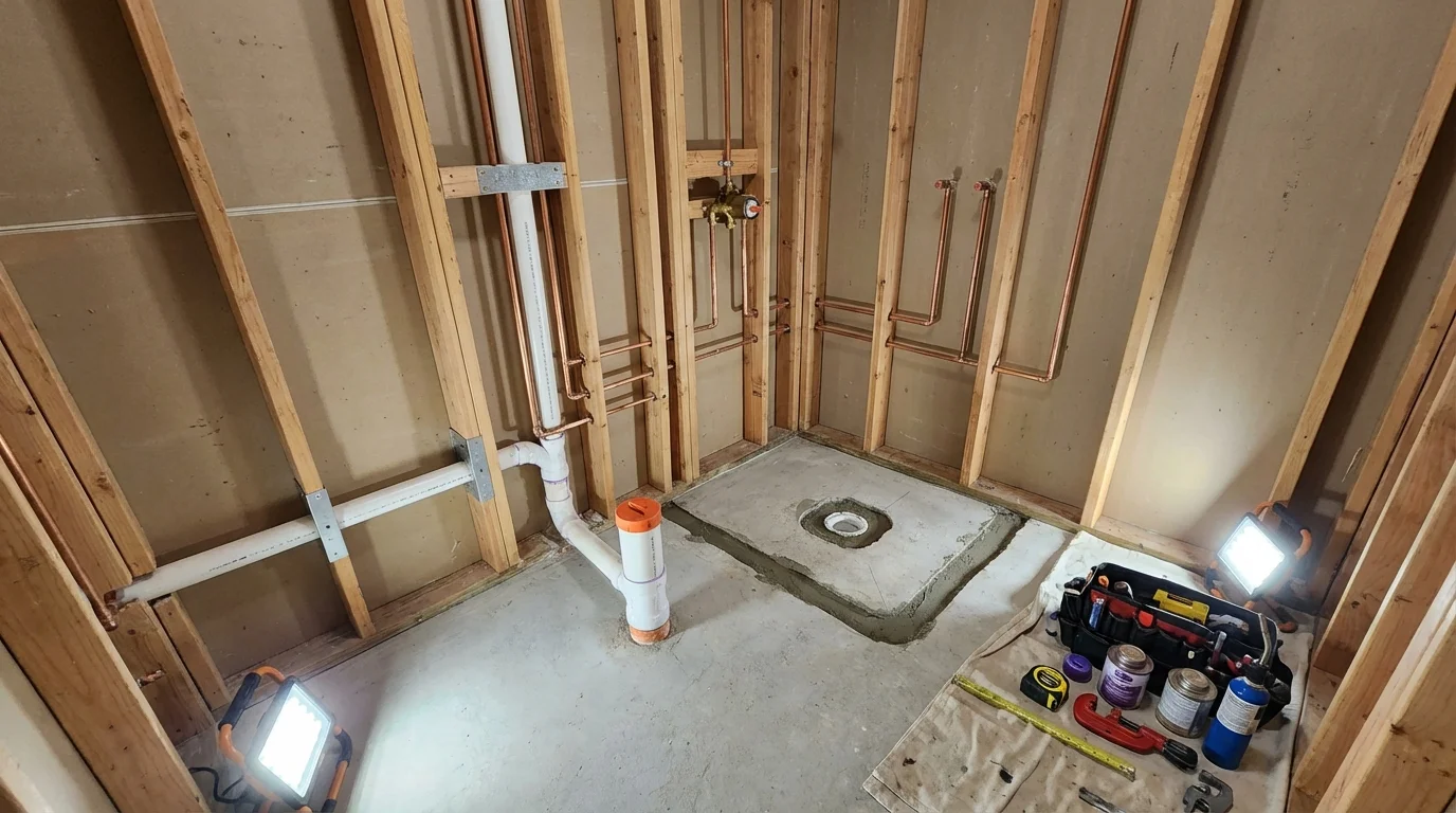 Bathroom rough-in plumbing during remodel by Johns Plumbing LLC in Carolina Beach