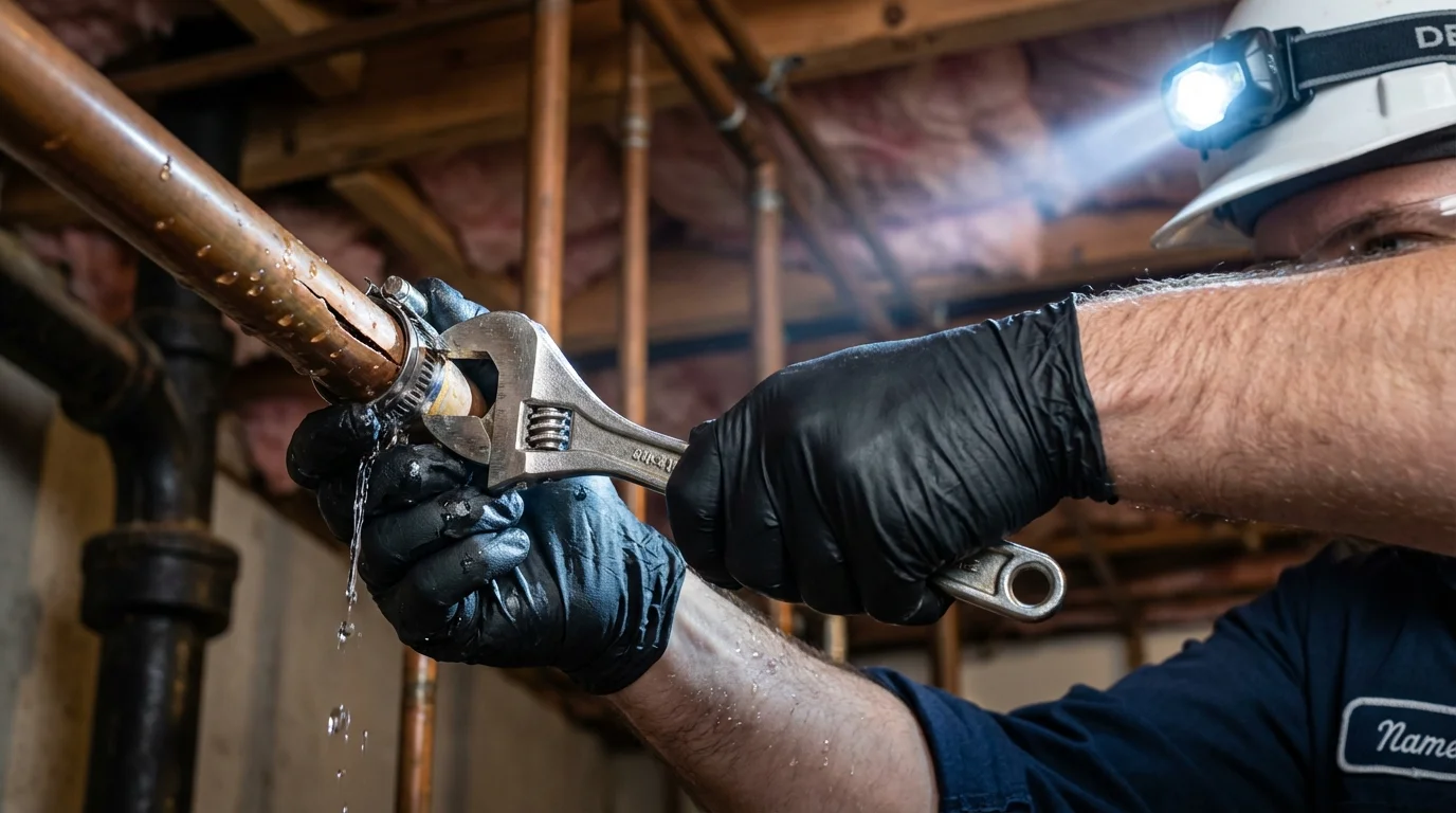 Emergency pipe clamp repair being performed by a Johns Plumbing LLC plumber in Carolina Beach