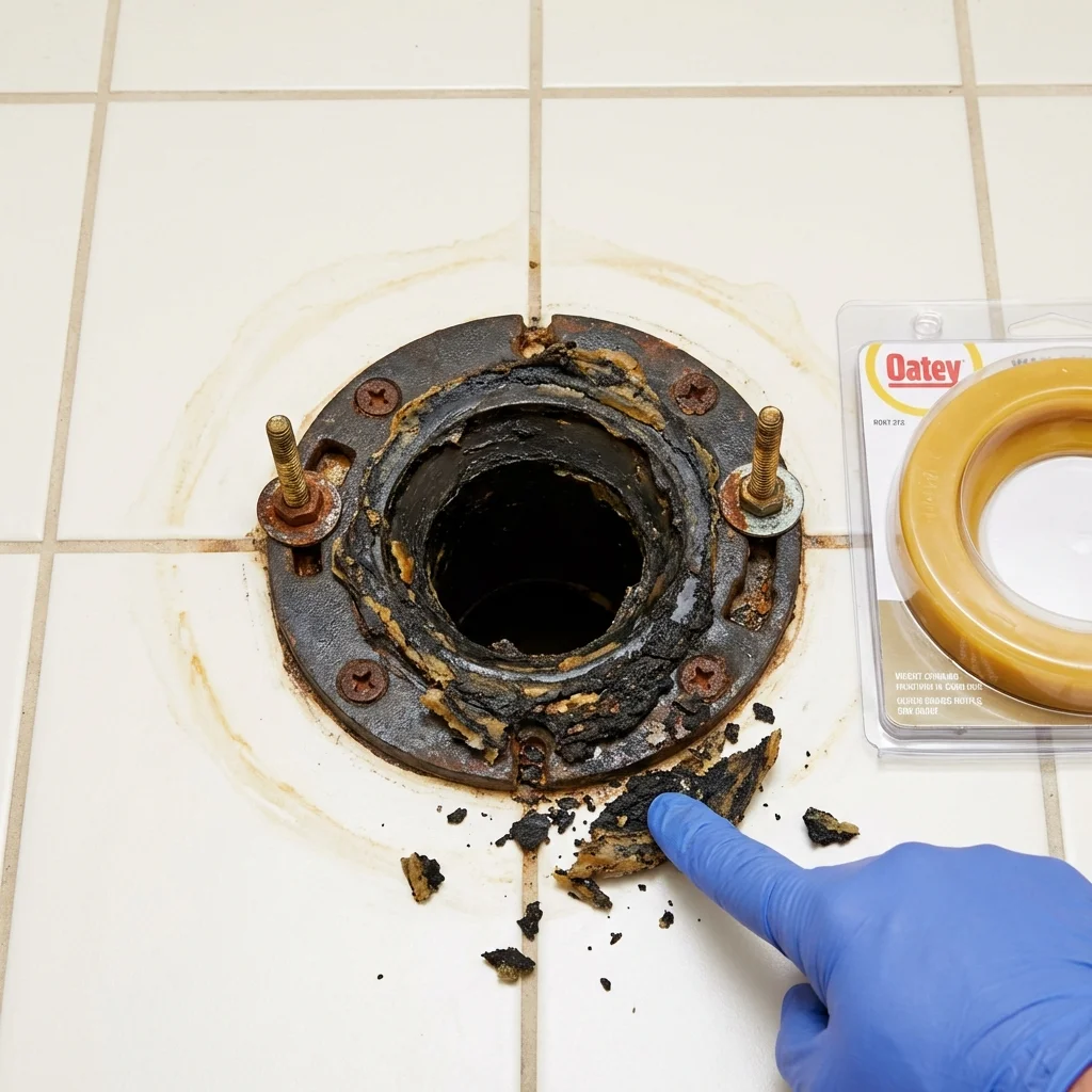 Failed wax ring showing water seepage at the base of a toilet in a Carolina Beach, NC home