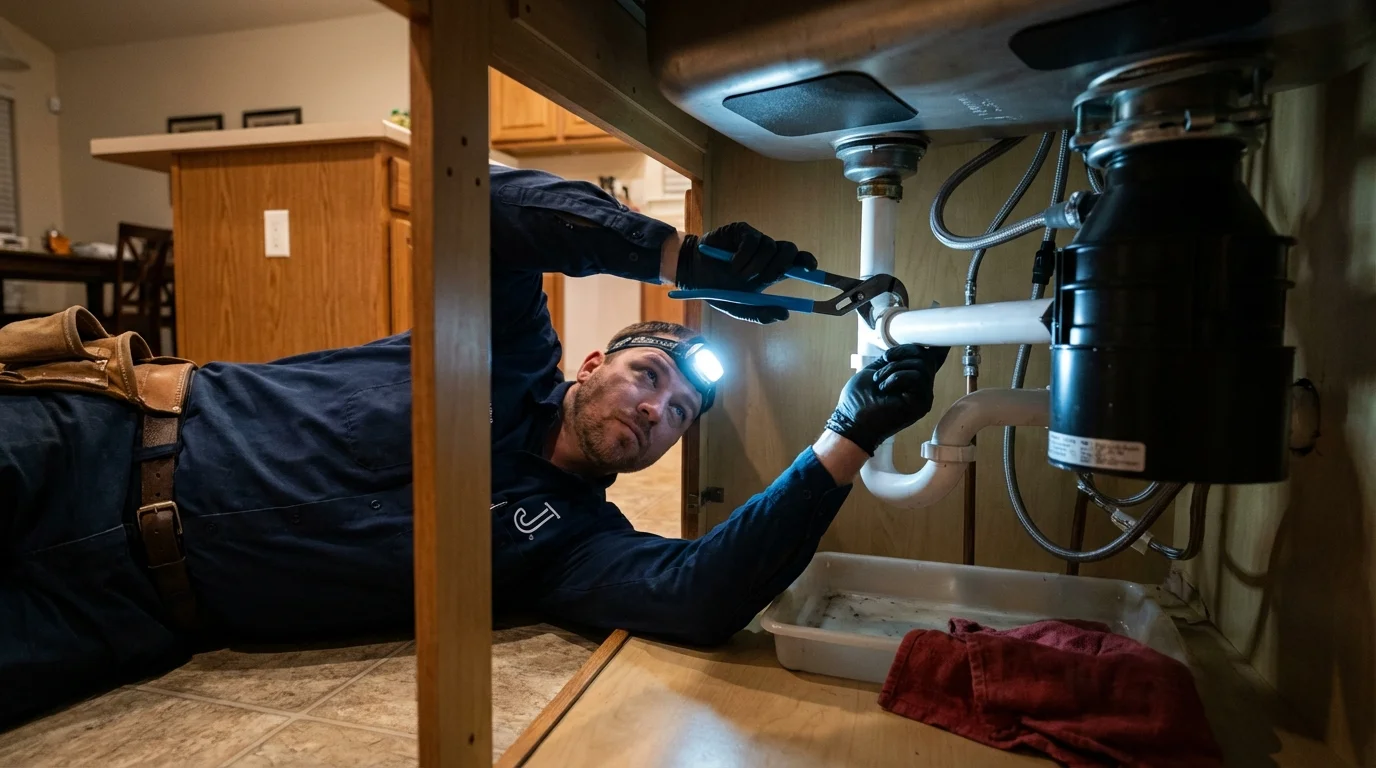 P-trap and supply line connections under a kitchen sink showing a common leak point in Carolina Beach, NC